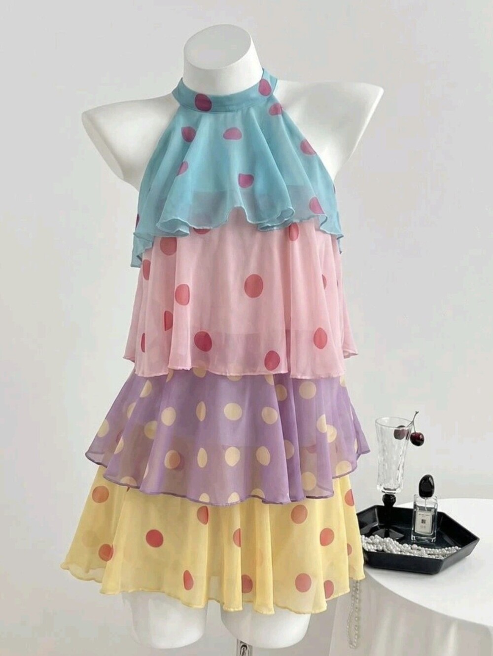 Blue Pink Purple Yellow Chiffon Colorful Polka Dot Contrast Print Mini Top